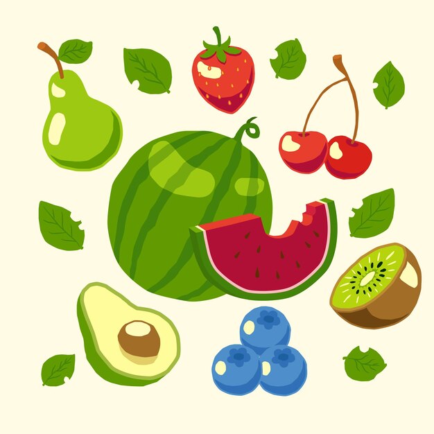 Colección de frutas dibujadas a mano de vector de dibujos animados