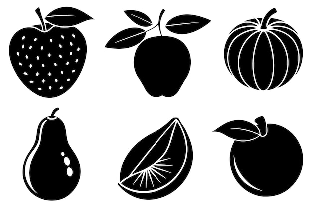 una colección de frutas y un dibujo en blanco y negro