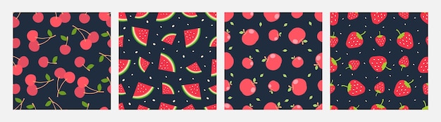 Colección de frutas diseño vectorial de patrón sin costura cereza sandía manzana fresa