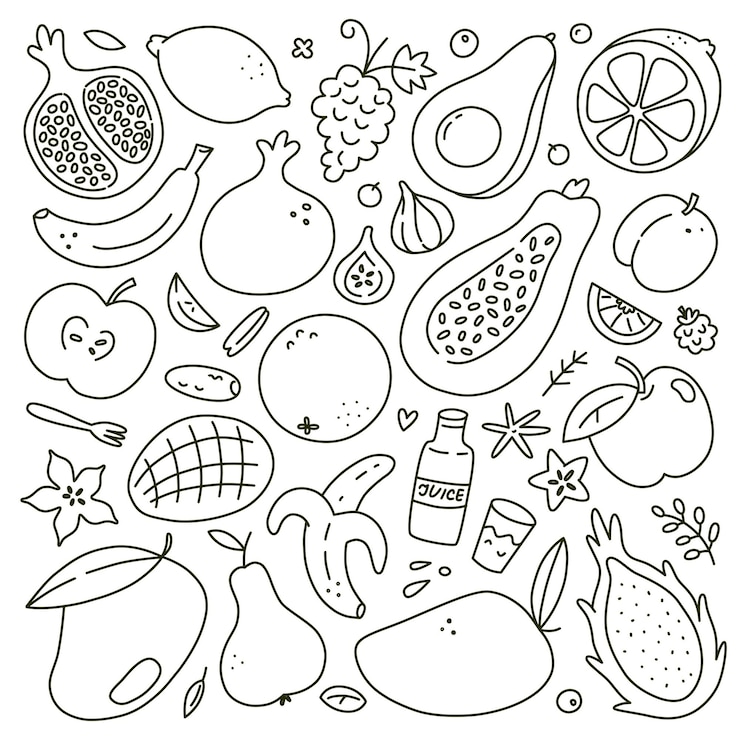 Vector colección de frutas íconos de comida sabrosos dibujos vectoriales de manzana naranja plátano aislado