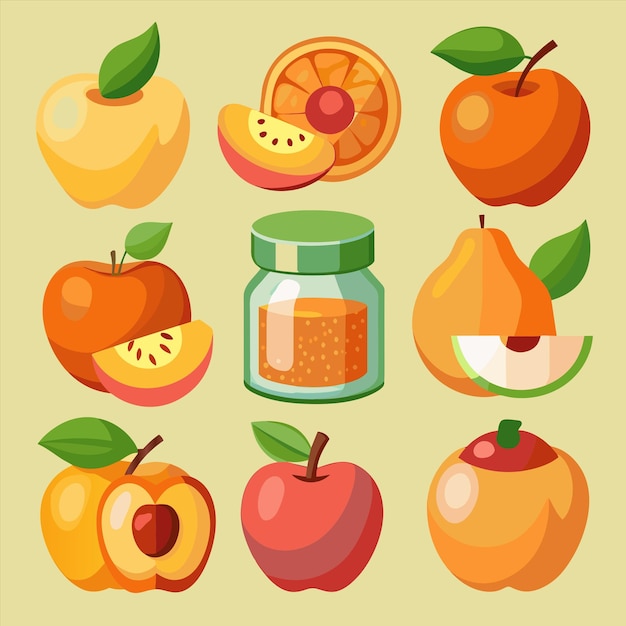 una colección de frutas, incluida una que tiene un frasco de miel