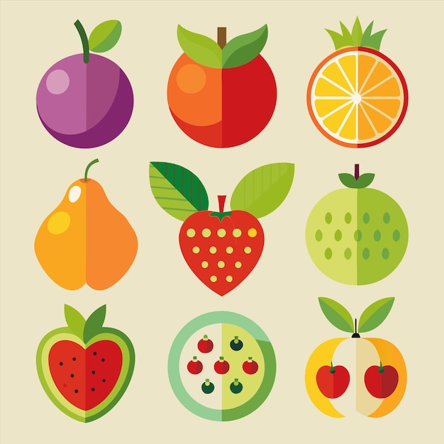 una colección de frutas, incluida una que tiene una fresa en ella