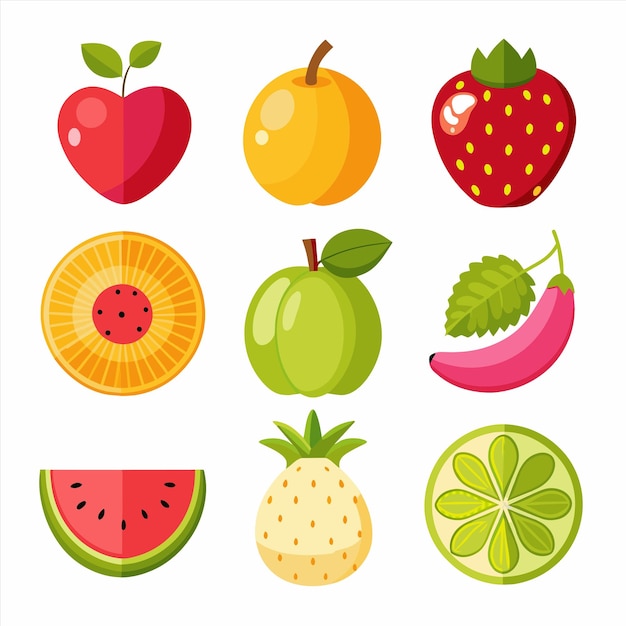 una colección de frutas, incluida una que tiene una fresa en ella
