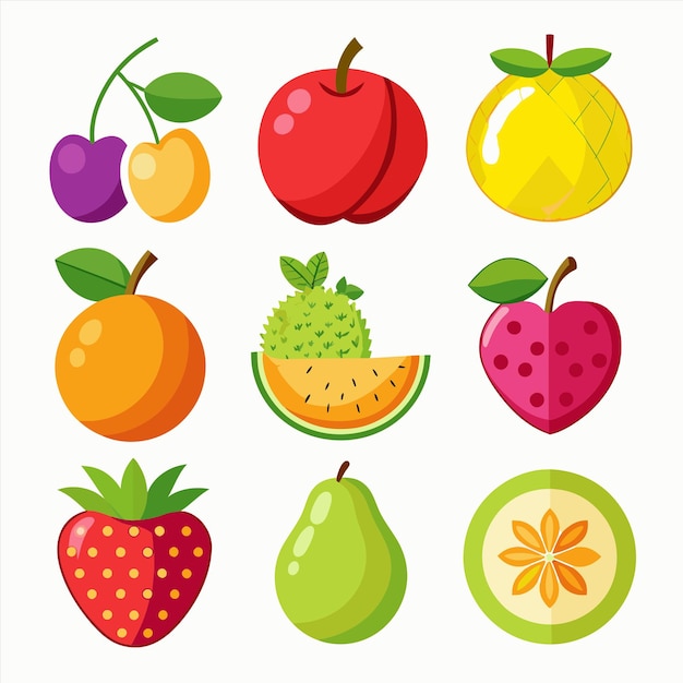 una colección de frutas, incluida una que tiene una fresa en ella