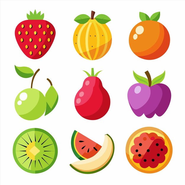 una colección de frutas, incluida una que tiene una fresa en ella