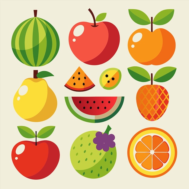 una colección de frutas, incluida una que tiene una fruta en ella