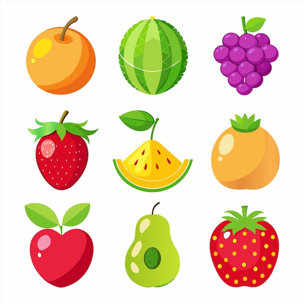 una colección de frutas, incluida una que tiene una hoja verde
