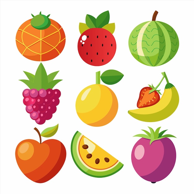 una colección de frutas, incluida una que tiene una imagen de una fresa y la otra con la otra