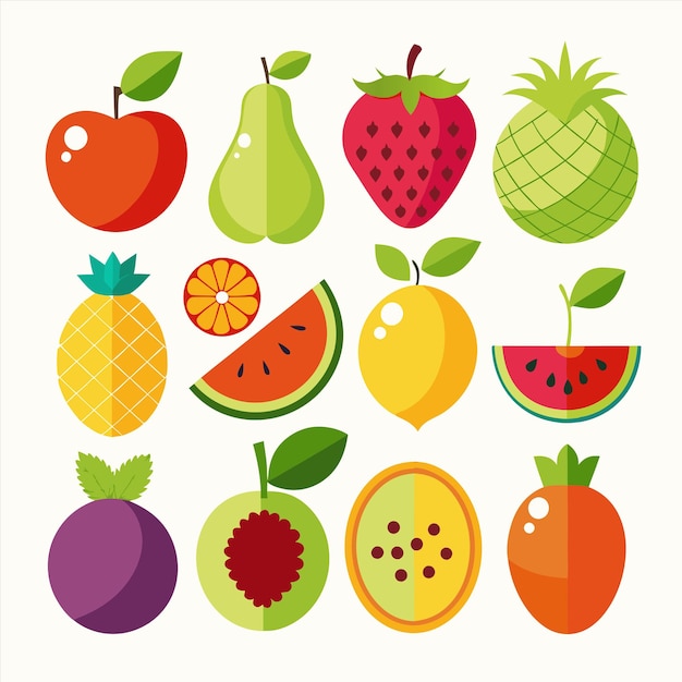una colección de frutas, incluida una que tiene una imagen de una fresa