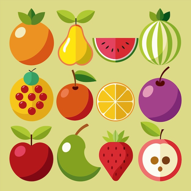 una colección de frutas, incluida una que tiene una imagen de una fruta en ella