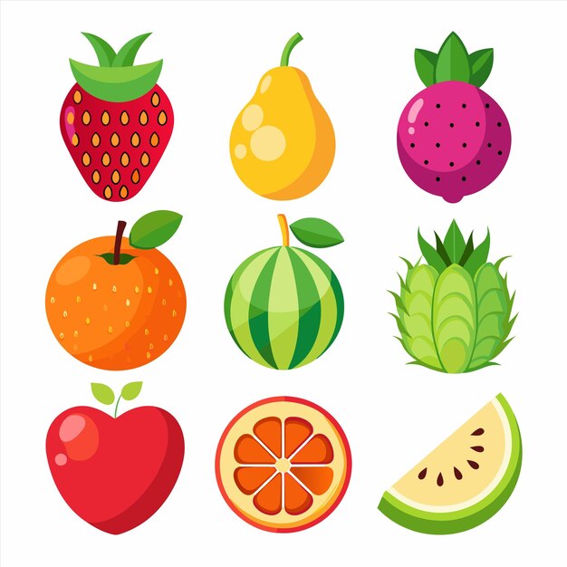 una colección de frutas, incluidas las fresas, las fresas y los kiwis