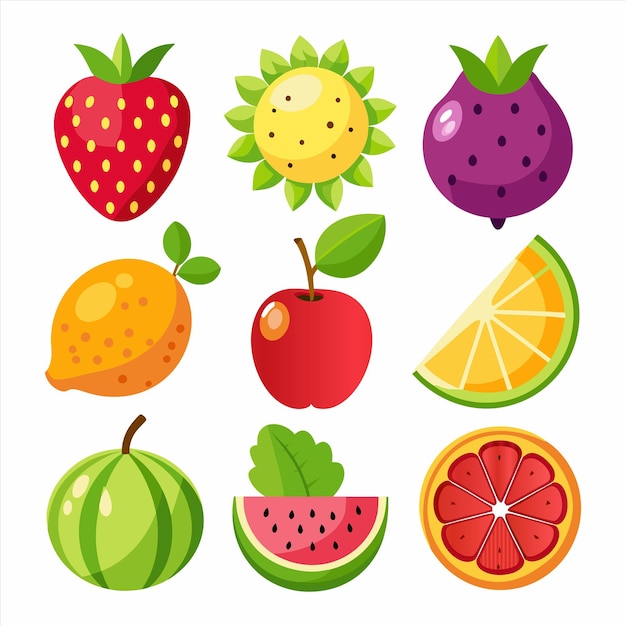 una colección de frutas, incluidas las fresas, las fresas y los kiwis