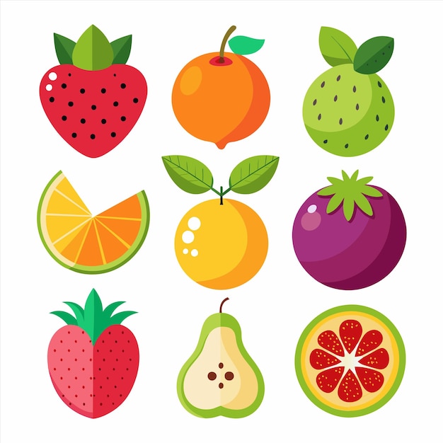 una colección de frutas, incluidas las fresas, las fresas y los kiwis