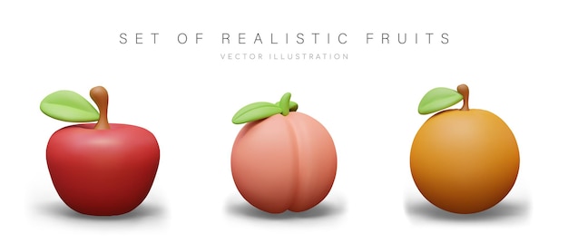 Colección de frutas maduras realistas sobre fondo blanco Manzana entera naranja melocotón con hoja