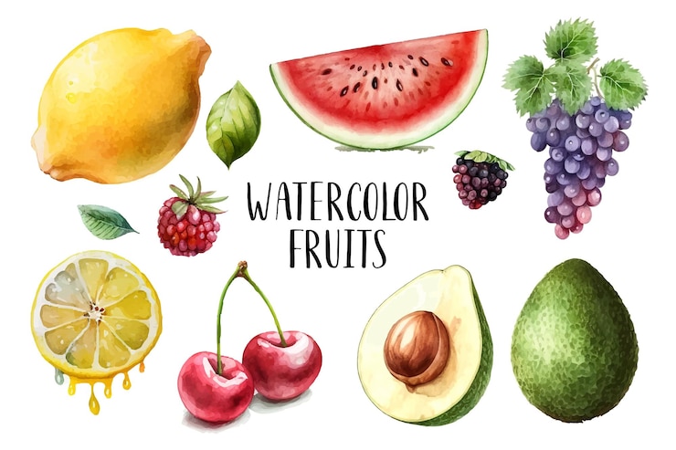 Vector colección de frutas pintadas con acuarela elementos de diseño de alimentos frescos dibujados a mano aislados sobre fondo blanco