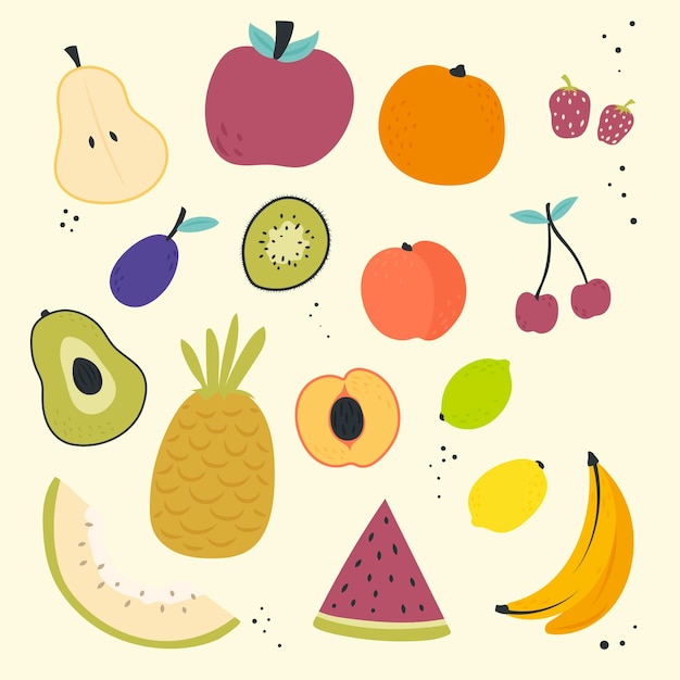 Vector colección de frutas planas orgánicas