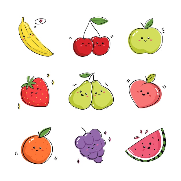 Colección de frutas que expresan emociones positivas. conjunto de dibujos con frutas y bayas en estilo kawaii.