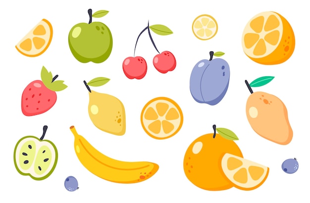 Colección de frutas de verano Conjunto de frutas frescas y brillantes aisladas sobre un fondo blanco