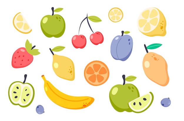 Colección de frutas de verano Conjunto de frutas tropicales y de jardín frescas doodle comida vegana orgánica