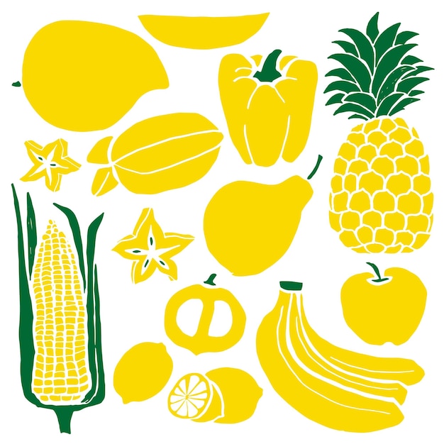 Colección frutas y verduras amarillas dibujadas a mano