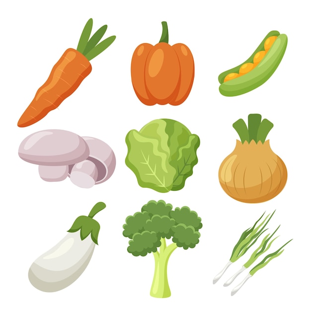 Colección de frutas y verduras Cebolla tierna rábano repollo brócoli champiñón guisante pimienta zanahoria Ilustración de vector plano de dibujos animados