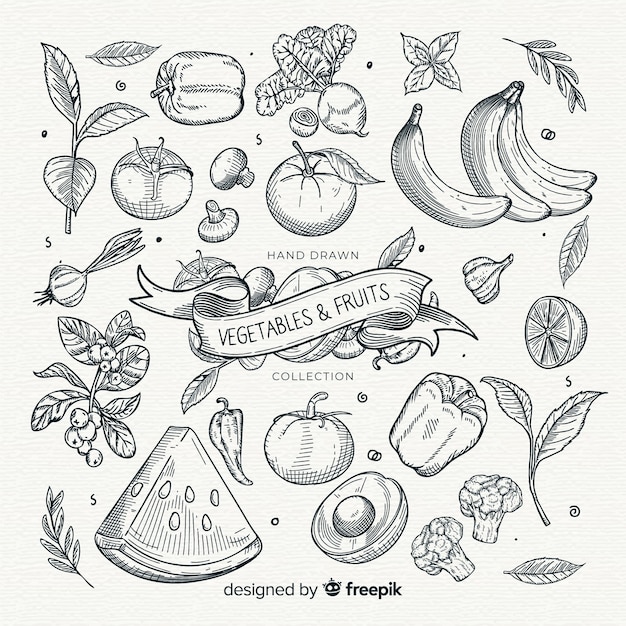 Colección frutas y verduras sin color