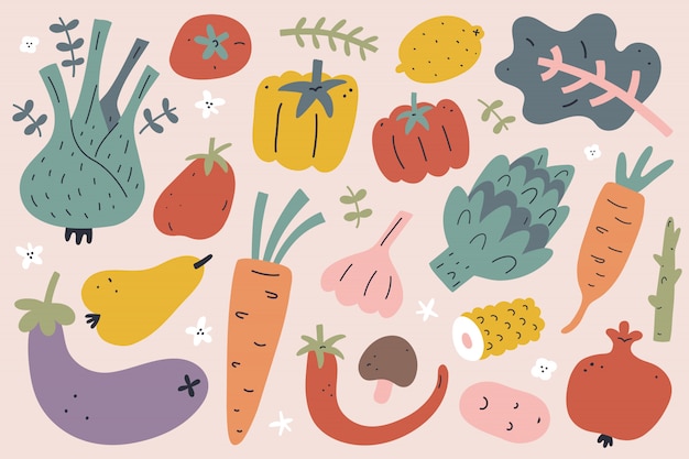 Colección de frutas y verduras dibujadas a mano, ilustraciones aisladas