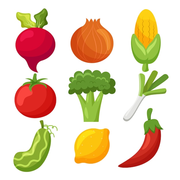 Colección de frutas y verduras remolacha cebolla maíz tomate cebolleta limón chile pepino dibujos animados ilustración vectorial plana