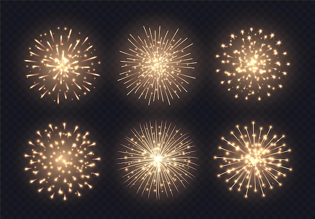 Colección de fuegos artificiales dorados Conjunto de explosiones de petardos realistas Espectáculo pirotécnico navideño festivo
