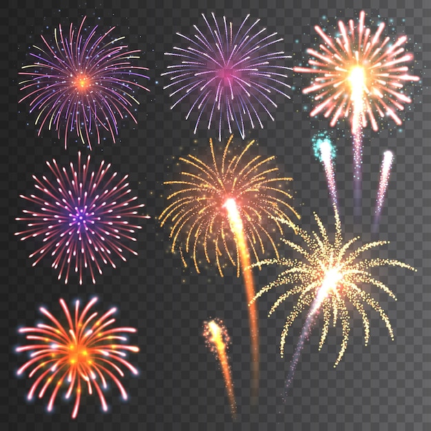 Colección de fuegos artificiales festivos fuegos artificials realistas y coloridos sobre un fondo transparente multicolor
