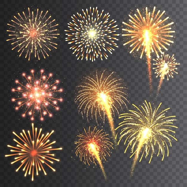 Colección de fuegos artificiales festivos fuegos artificials realistas y coloridos sobre un fondo transparente multicolor