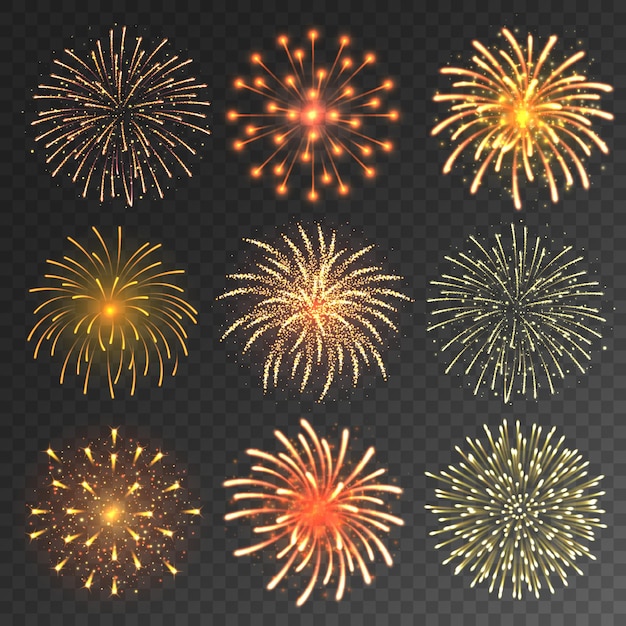 Colección de fuegos artificiales festivos realistas fuegos artificiales de colores en un fondo transparente de Navidad o nuevo