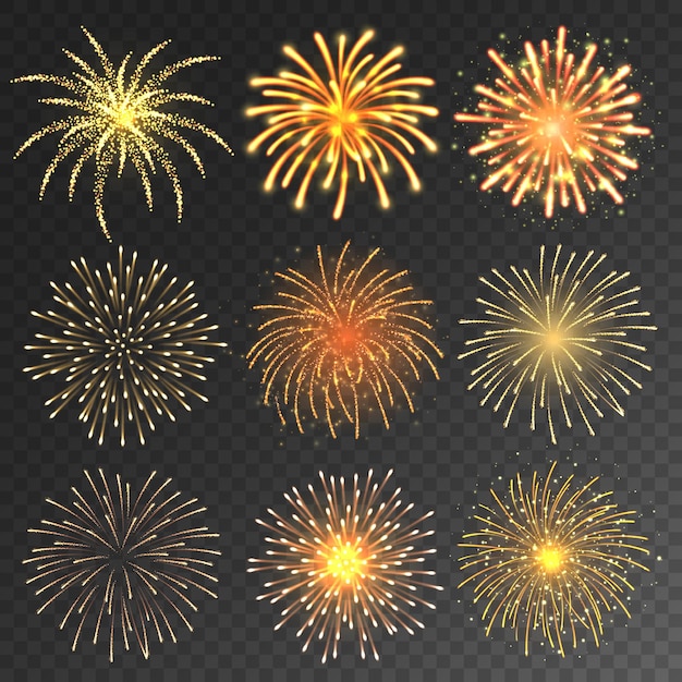 Colección de fuegos artificiales festivos realistas fuegos artificiales de colores en un fondo transparente de Navidad o nuevo