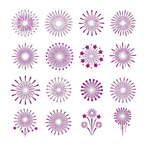 Colección de fuegos artificiales púrpuras y íconos de estallido