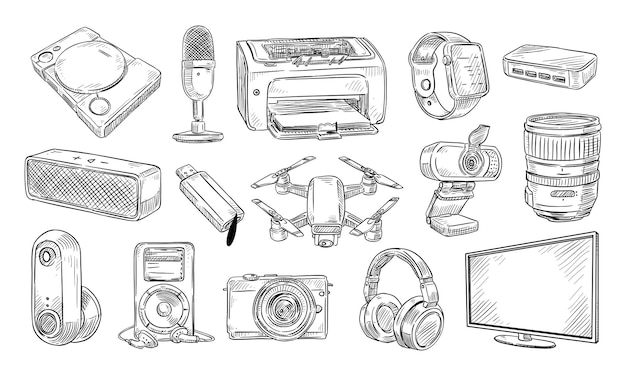 Vector colección de gadgets dibujados a mano