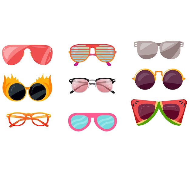 una colección de gafas de sol con gafas de Sol rosas y verdes