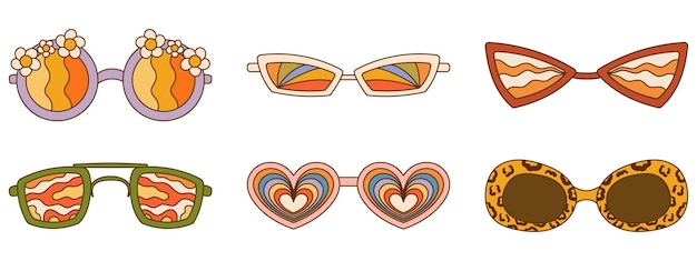 Colección de gafas de sol retro Groovy con diferentes patrones Set de vibraciones de los años setenta
