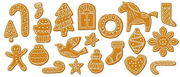Colección de galletas de pan de jengibre dibujadas a mano Conjunto vectorial de vacaciones de Navidad con formas y adornos festivos
