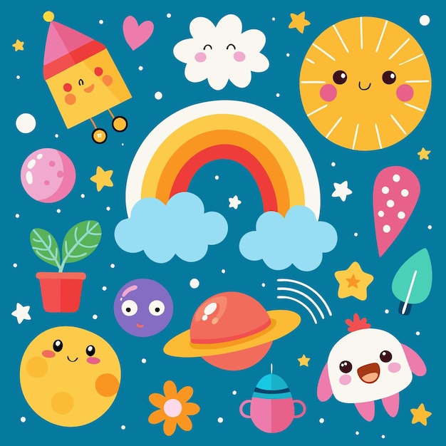 Colección de garabates para niños que incluye planetas estrellas planetas Apple Rocket