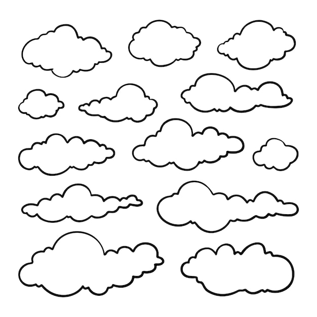 Colección de garabates de nubes en estilo de línea delgada aislados sobre fondo blanco