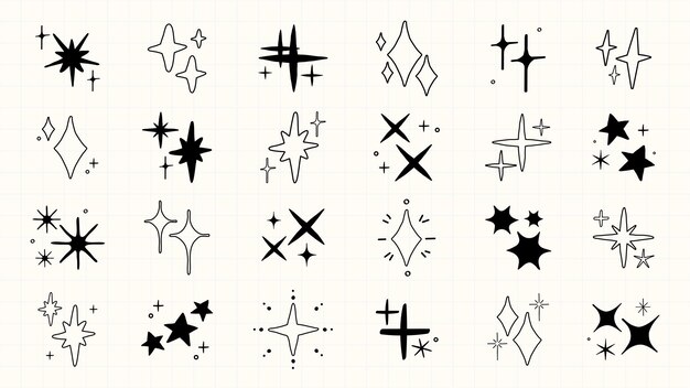 Colección de garabatos de estrellas dibujados a mano Estrellas de varias formas y tamaños Diseños de estrellas en blanco y negro Ilustraciones simples de estrellas Garabatos Starthemed Conjunto vectorial de elementos
