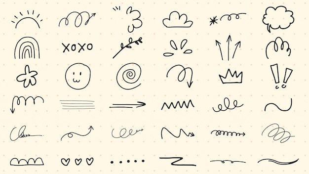 Colección de garabatos flechas remolinos nubes y símbolos garabatos lúdicos elementos dibujados a mano y bocetos caprichosos en un fondo punteado Iconas de redes sociales dibujadas a mano conjunto vectorial