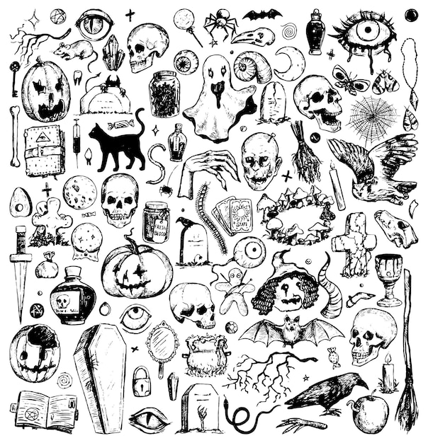 Colección de garabatos de Halloween. Estilo de dibujo vintage. Artes de clip aterradoras, mágicas, esotéricas y misteriosas para el diseño de vacaciones. Conjunto de ilustración de vector dibujado a mano aislado sobre fondo blanco.