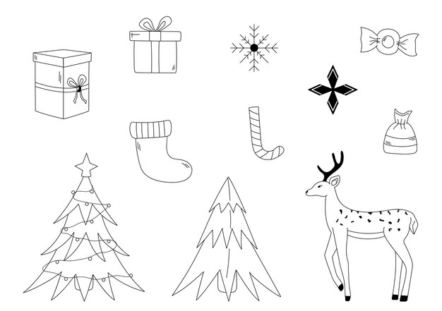 Colección de garabatos de Navidad. Conjunto de árboles de Navidad dibujados a mano, ciervos, regalos, dulces