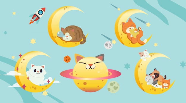 La colección de gato con la luna puesta. el planeta gato feliz