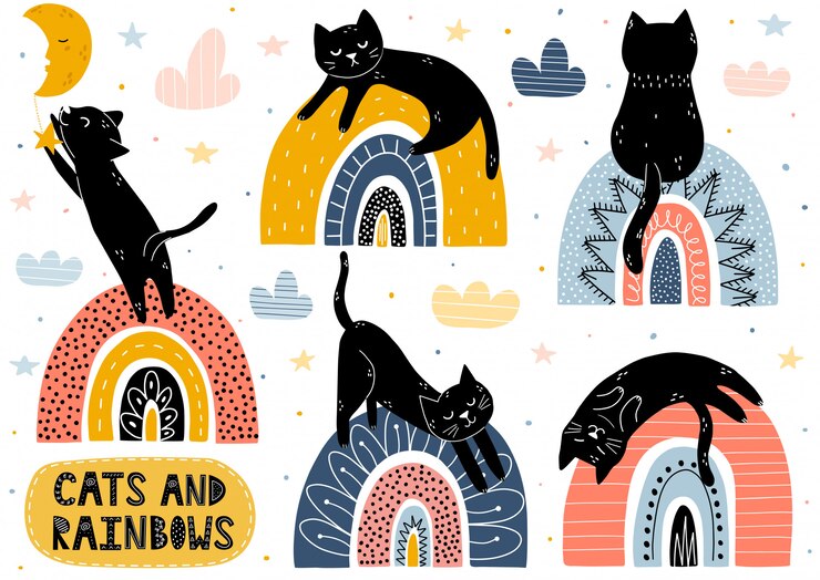 Colección de gatos y arcoiris. Elementos aislados de fantasía con lindos personajes