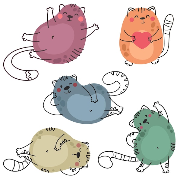 Colección de gatos lindos en estilo doodle, personajes infantiles de animales lindos