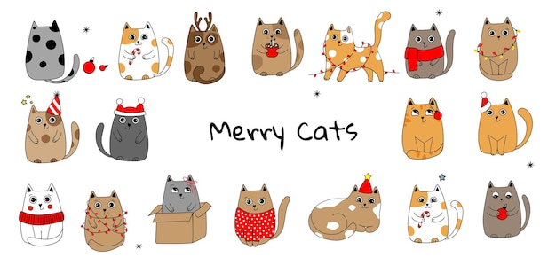 Colección de gatos navideños. Ilustraciones de feliz Navidad de gatos lindos con accesorios.