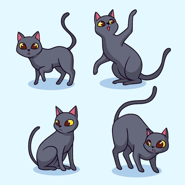 Vector colección de gatos negros de halloween dibujados a mano