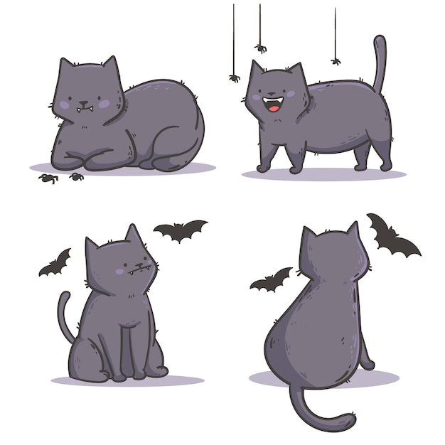 Colección de gatos negros de halloween dibujados a mano
